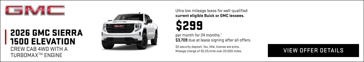 Ultra low mileage lease for well-qualified current eligible Buick or GMC lessees. 

$299 per mont...